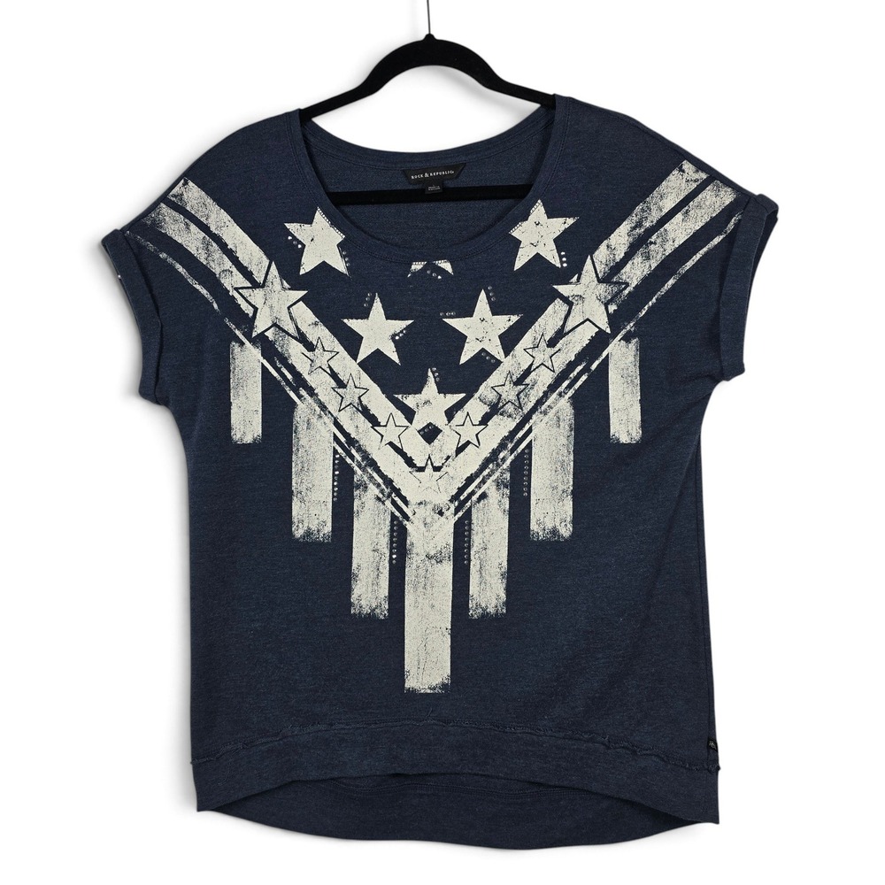Rock & Republic Top Womens Large Star Graphic Navy Blue Cuffed Short Sleeve